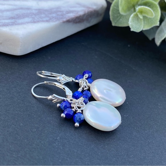 Lapis Lazuli and Natural White Coin Pearl Sterling Silver Lever back Earrings - Picture 4 of 7